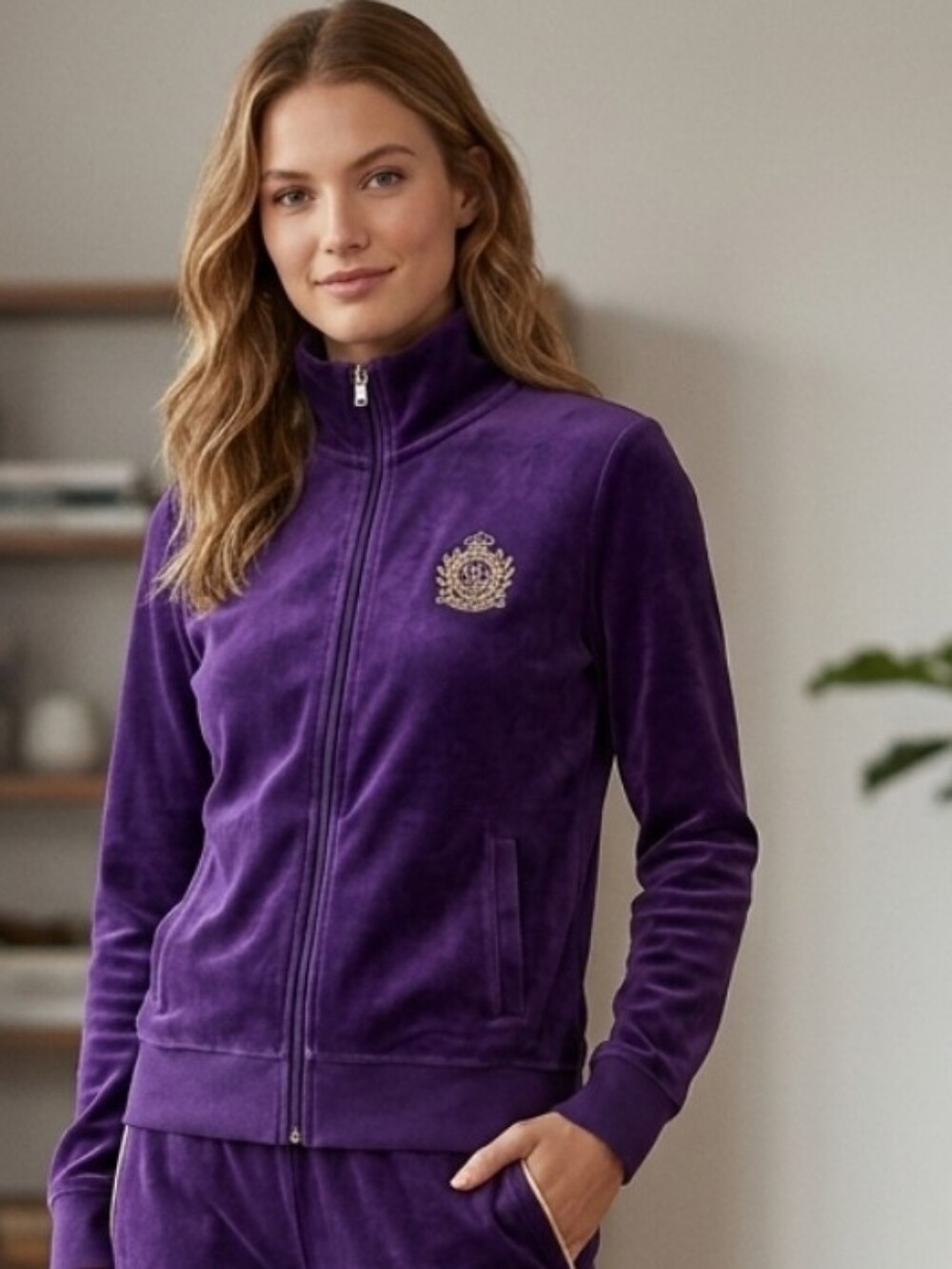 Ralph Lauren Purple Velour Zip Jacket with Embroidered Logo In Crest Sz M